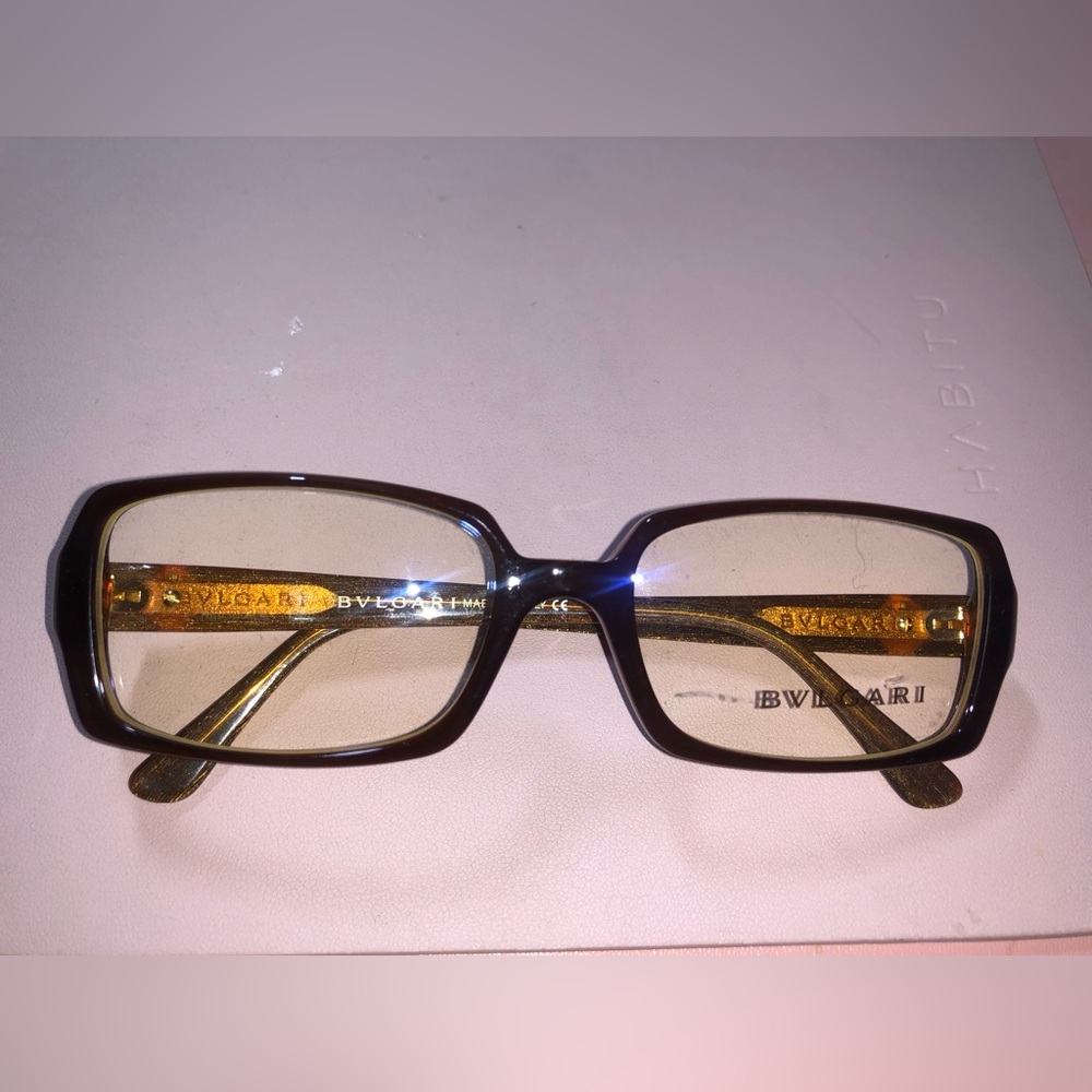 Bvlgari Women's Rectangular Glasses in Brown and Gold Accents